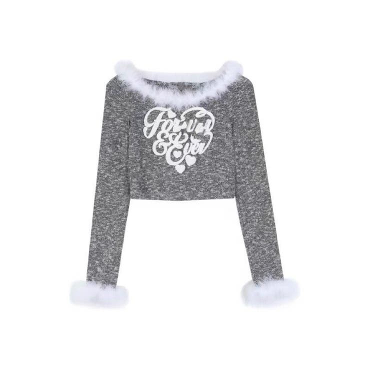 グレー | ショート丈ファー付きサガラ刺繍ハートロゴトップス | Alvia