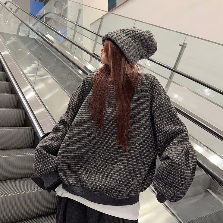 ダークグレー | 裏起毛ボーダートレーナー | Alvia