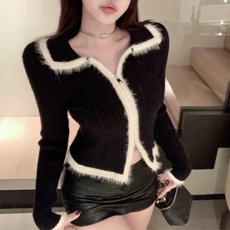 ブラック | ダブルジップニットトップス | Alvia