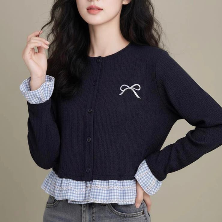 ネイビー | リボン刺繍レイヤード風トップス | Alvia