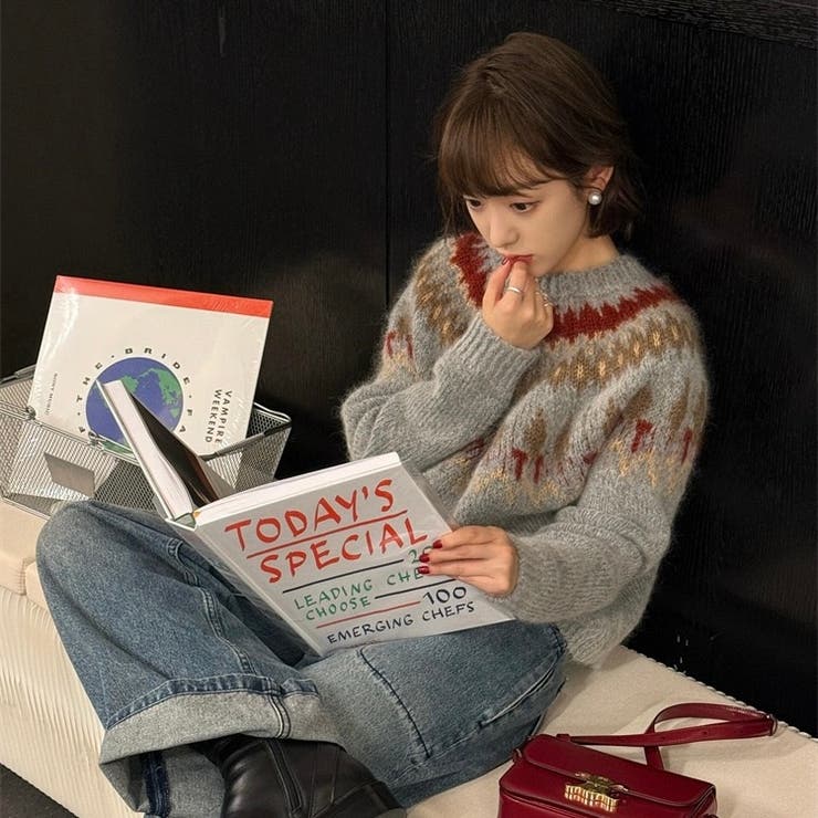 グレー | ノルディック柄ニットプルオーバー | Alvia