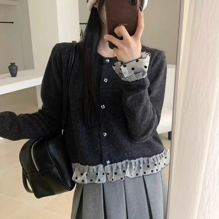 ドットチュール切り替え ニットカーディガン | Alvia | 詳細画像1 