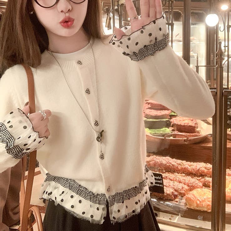 ドットチュール切り替え ニットカーディガン | Alvia | 詳細画像15 