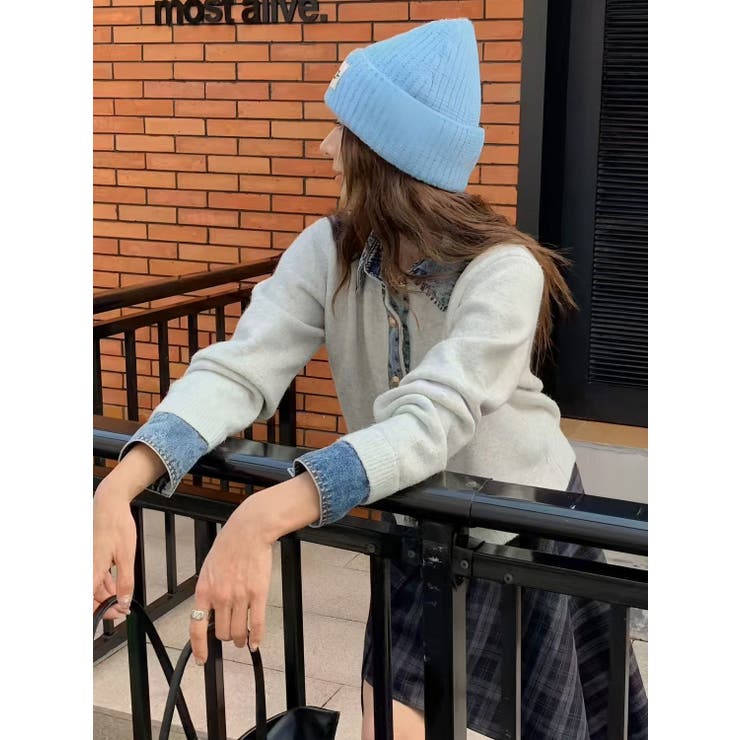 グレー | デニムレイヤード風ニットカーディガン | Alvia