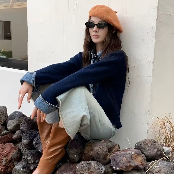 ネイビー | デニムレイヤード風ニットカーディガン | Alvia