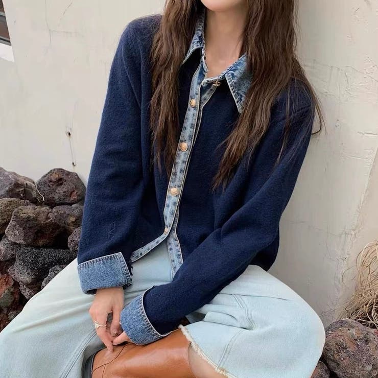 デニムレイヤード風ニットカーディガン | Alvia | 詳細画像3 