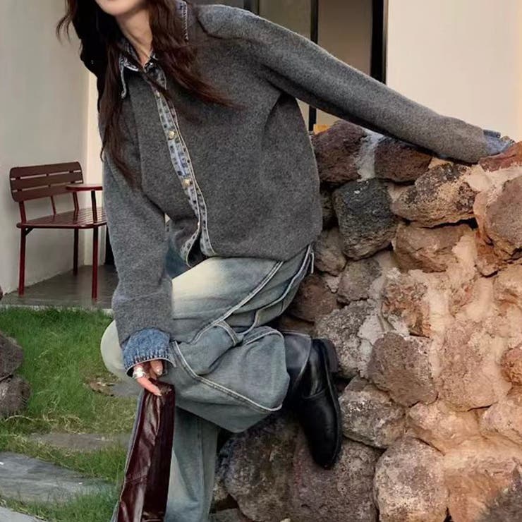 デニムレイヤード風ニットカーディガン | Alvia | 詳細画像5 