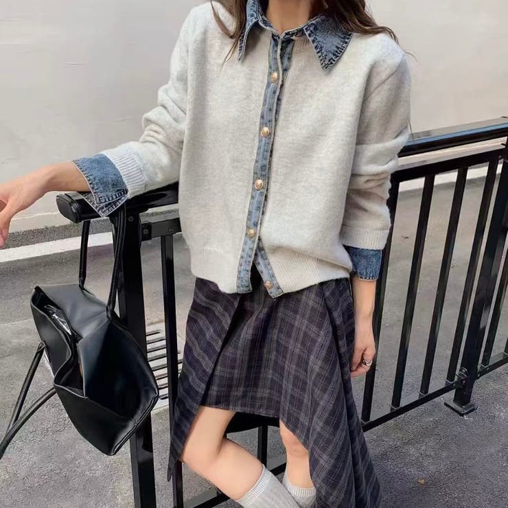 デニムレイヤード風ニットカーディガン | Alvia | 詳細画像1 