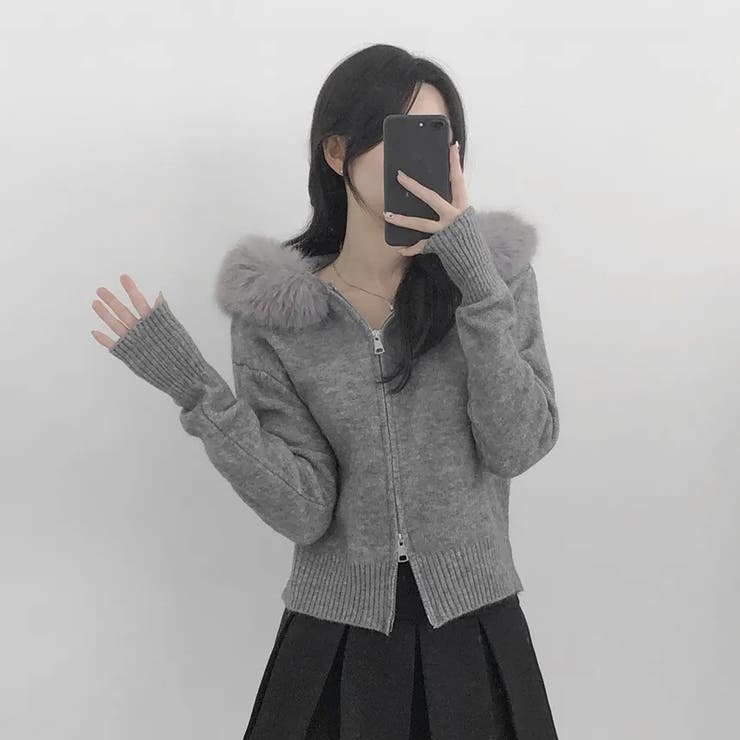 フェイクファーフード付き ジップニット | Alvia | 詳細画像2 