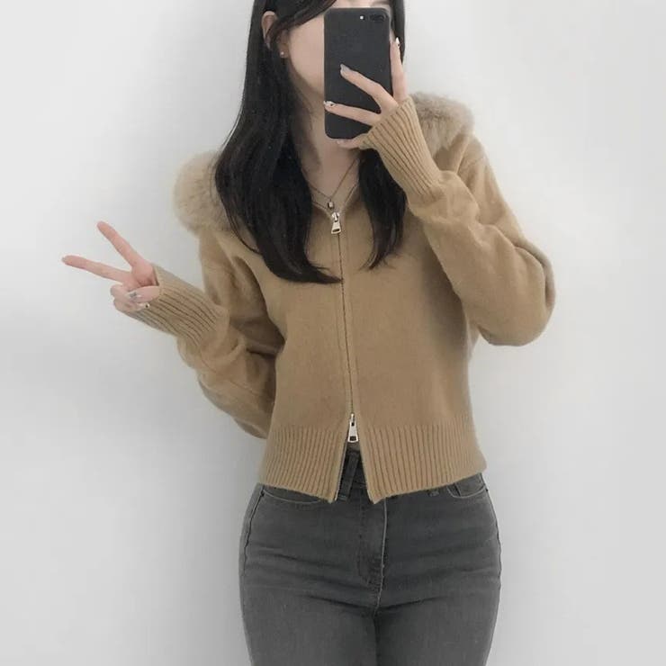 フェイクファーフード付き ジップニット | Alvia | 詳細画像10 