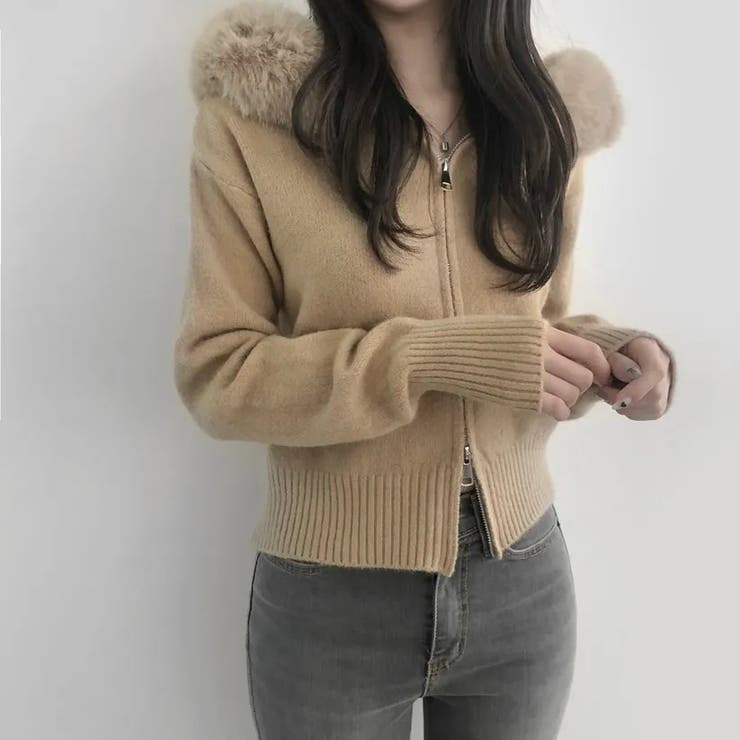 ブラウン | フェイクファーフード付き ジップニット | Alvia