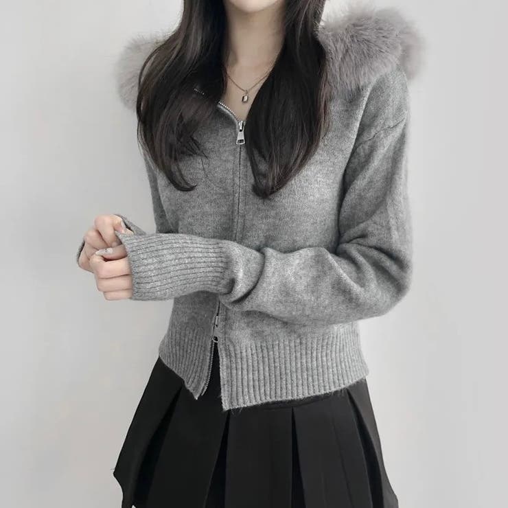 フェイクファーフード付き ジップニット | Alvia | 詳細画像1 