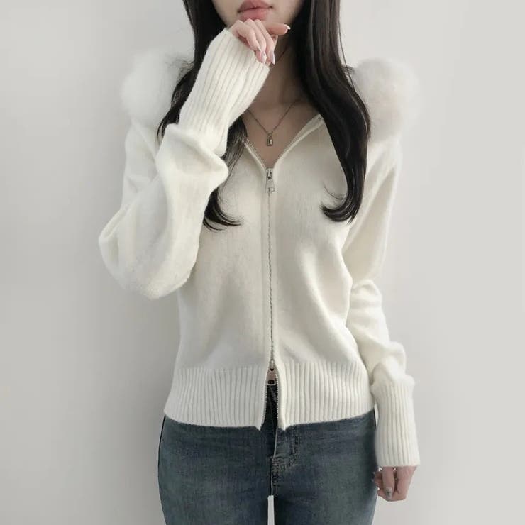 アイボリー | フェイクファーフード付き ジップニット | Alvia