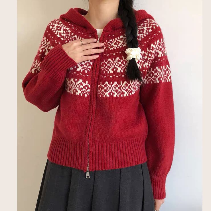 レッド | ノルディック柄フード付き ニット | Alvia