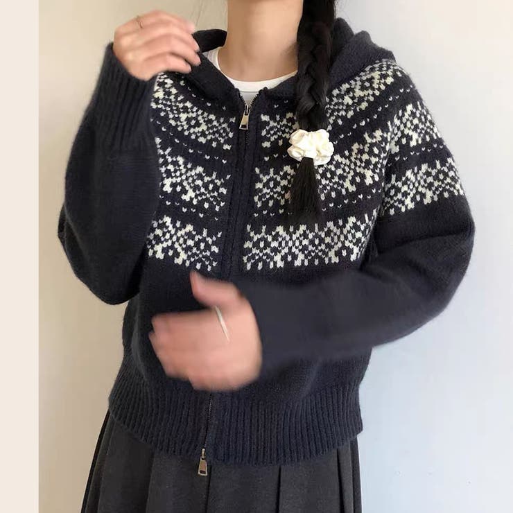 ネイビー | ノルディック柄フード付き ニット | Alvia