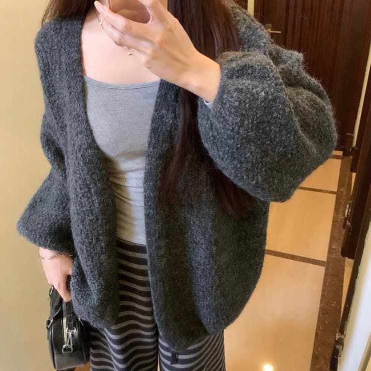 グレー | ボリューム袖ニットカーディガン | Alvia