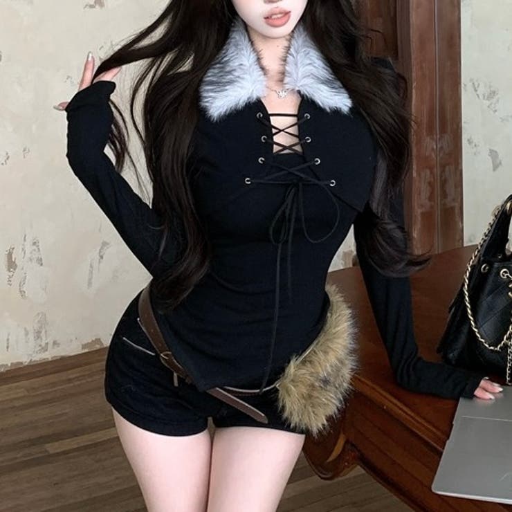 ファー衿レースアップトップス | Alvia | 詳細画像1 