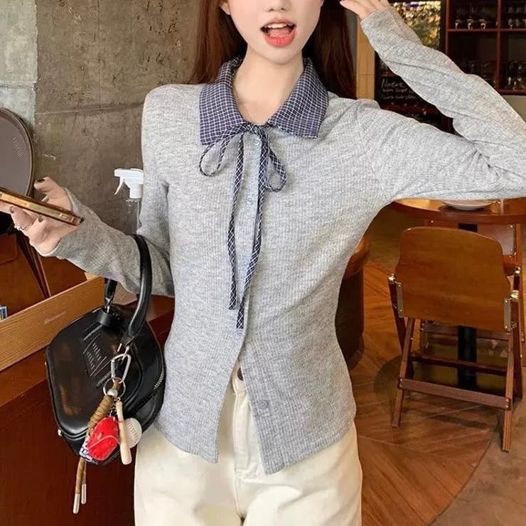 リボンドッキング裏起毛トップス オフィス 春 | Alvia | 詳細画像1 