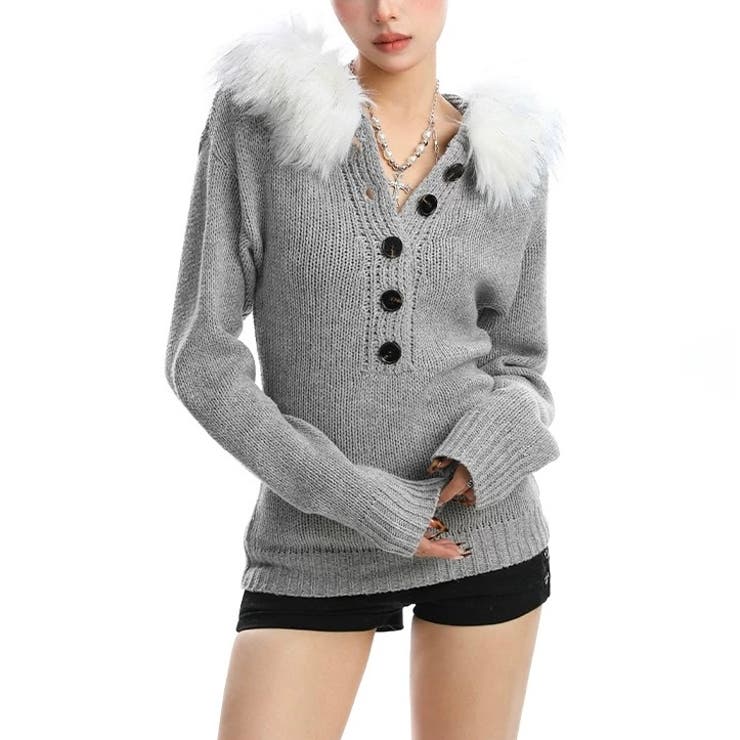 ファー付きニットトップス 春 韓国 | Alvia | 詳細画像1 