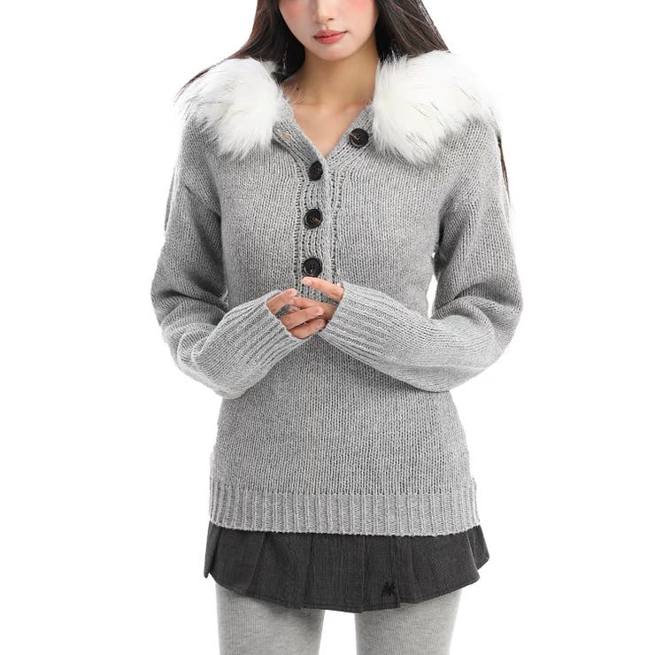 グレー | ファー付きニットトップス 春 韓国 | Alvia