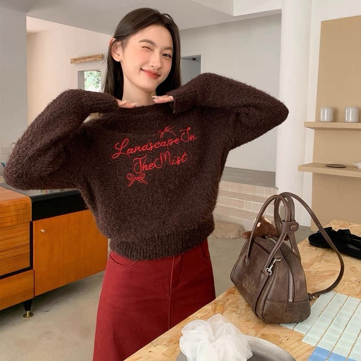 刺繍ロゴニットプルオーバー 春 韓国[品番：CROW0001299]｜Alvia