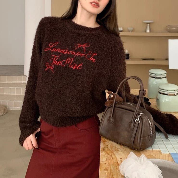 刺繍ロゴニットプルオーバー 春 韓国[品番：CROW0001299]｜Alvia