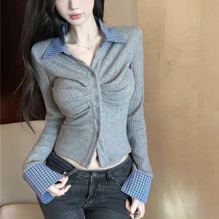 グレー | チェック衿トップス オフィス 春 | Alvia