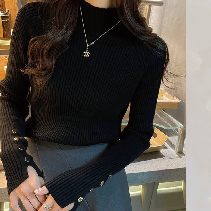 ブラック | ハイネック袖ボタンニットトップス | Alvia