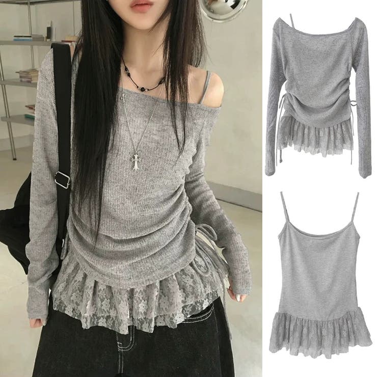 春新作 レイヤード風オフショルダートップス ２点セット | Alvia | 詳細画像1 