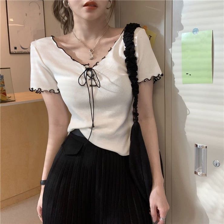 ネッククロスリボン半袖Tシャツ 半袖Tシャツ 韓国ファッション | Alvia | 詳細画像8 