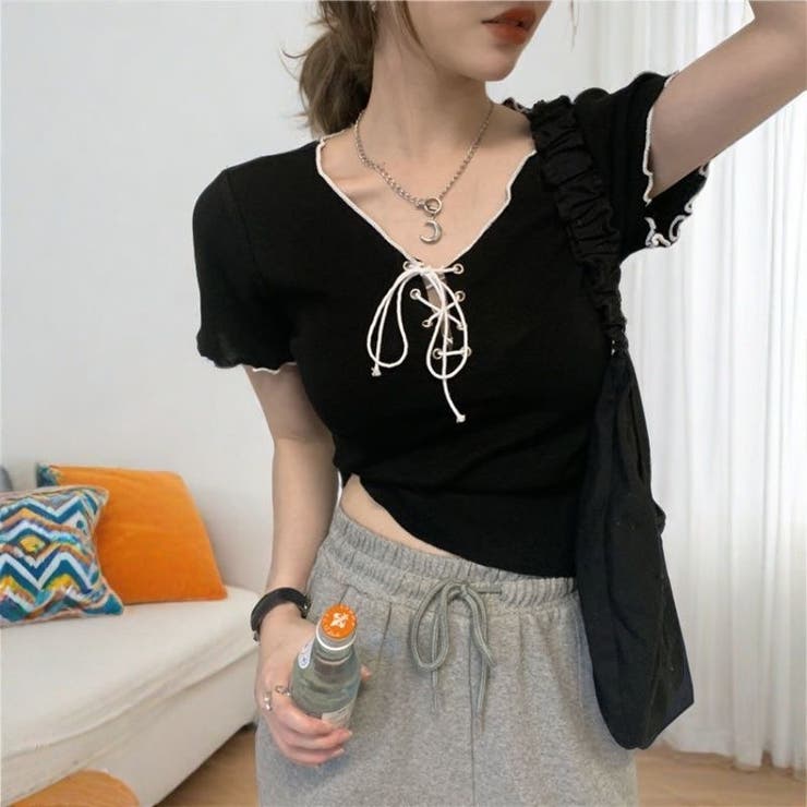 ネッククロスリボン半袖Tシャツ 半袖Tシャツ 韓国ファッション | Alvia | 詳細画像10 