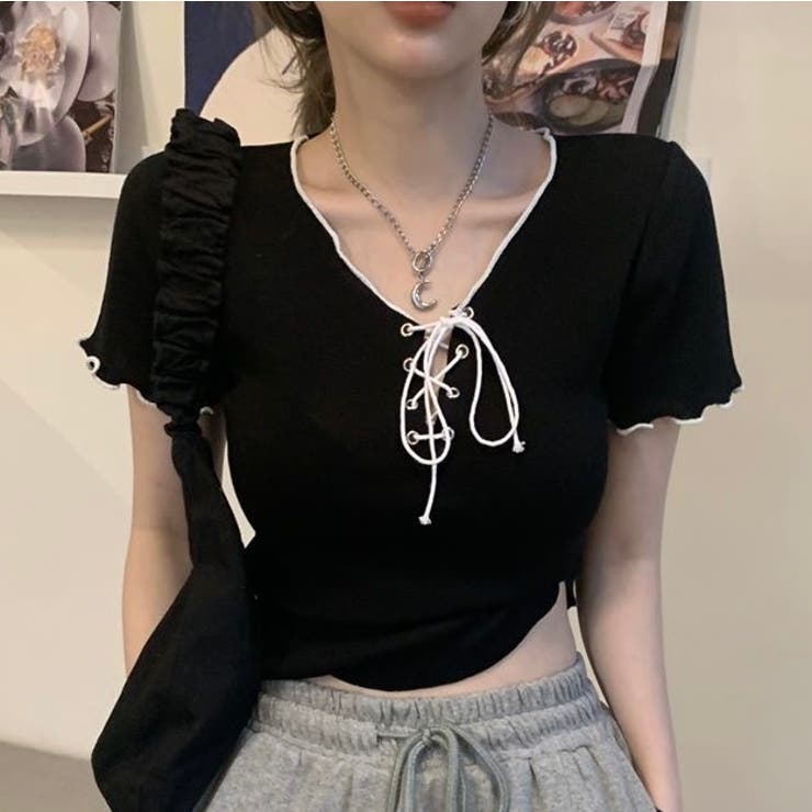 ネッククロスリボン半袖Tシャツ 半袖Tシャツ 韓国ファッション | Alvia | 詳細画像11 
