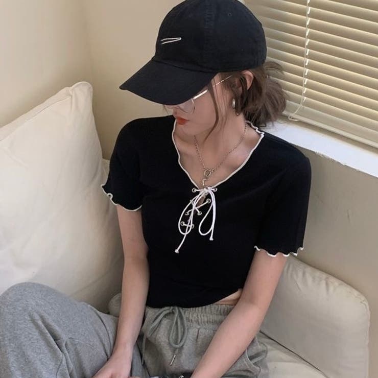 ネッククロスリボン半袖Tシャツ 半袖Tシャツ 韓国ファッション | Alvia | 詳細画像14 