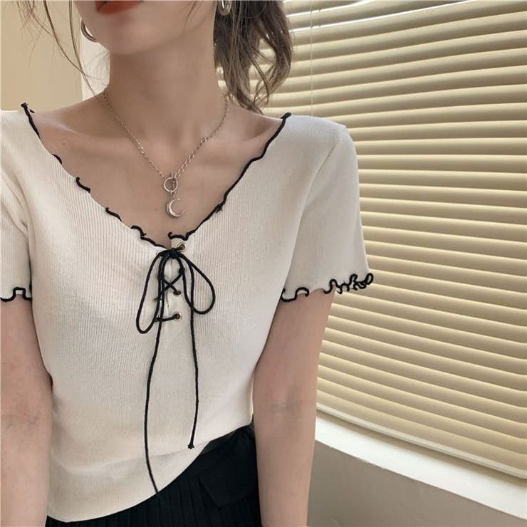 ホワイト | ネッククロスリボン半袖Tシャツ 半袖Tシャツ 韓国ファッション | Alvia