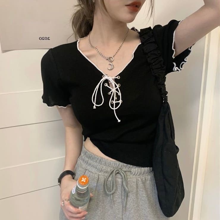 ネッククロスリボン半袖Tシャツ 半袖Tシャツ 韓国ファッション | Alvia | 詳細画像12 