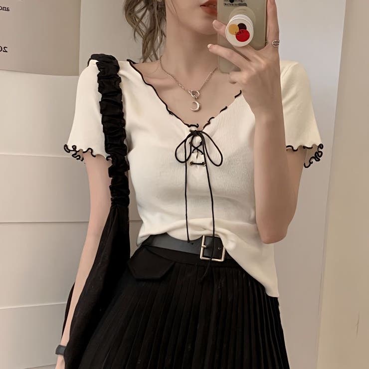 ネッククロスリボン半袖Tシャツ 半袖Tシャツ 韓国ファッション | Alvia | 詳細画像2 