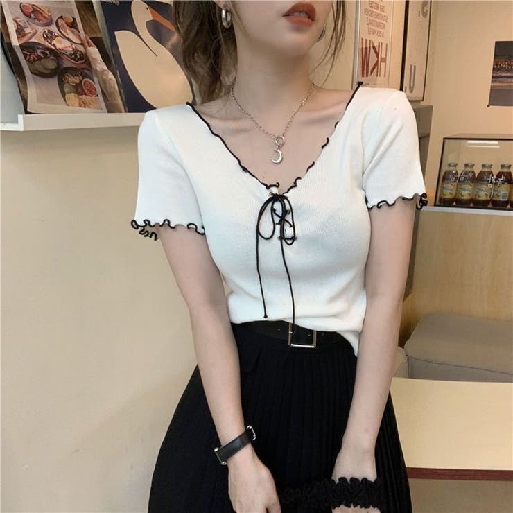ネッククロスリボン半袖Tシャツ 半袖Tシャツ 韓国ファッション | Alvia | 詳細画像3 