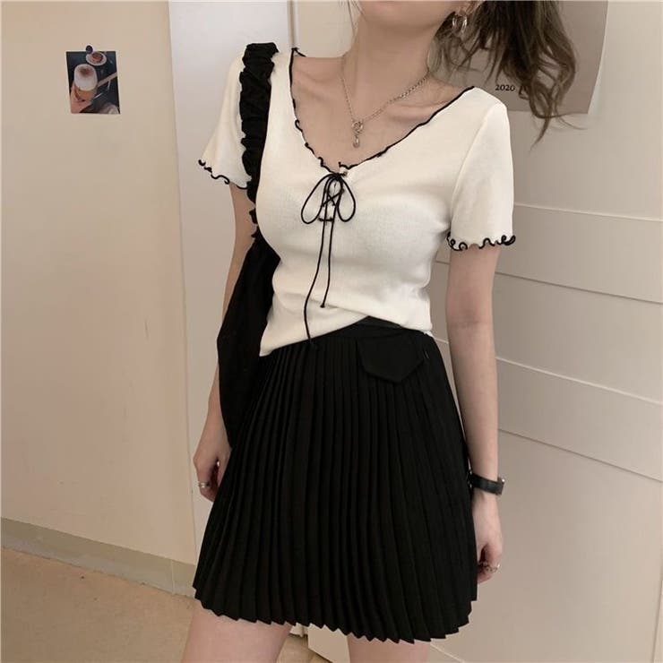 ネッククロスリボン半袖Tシャツ 半袖Tシャツ 韓国ファッション | Alvia | 詳細画像4 