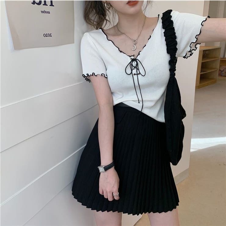 ネッククロスリボン半袖Tシャツ 半袖Tシャツ 韓国ファッション | Alvia | 詳細画像5 