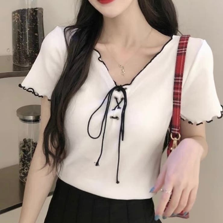 ネッククロスリボン半袖Tシャツ 半袖Tシャツ 韓国ファッション | Alvia | 詳細画像6 