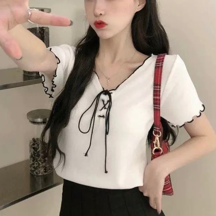 ネッククロスリボン半袖Tシャツ 半袖Tシャツ 韓国ファッション | Alvia | 詳細画像7 