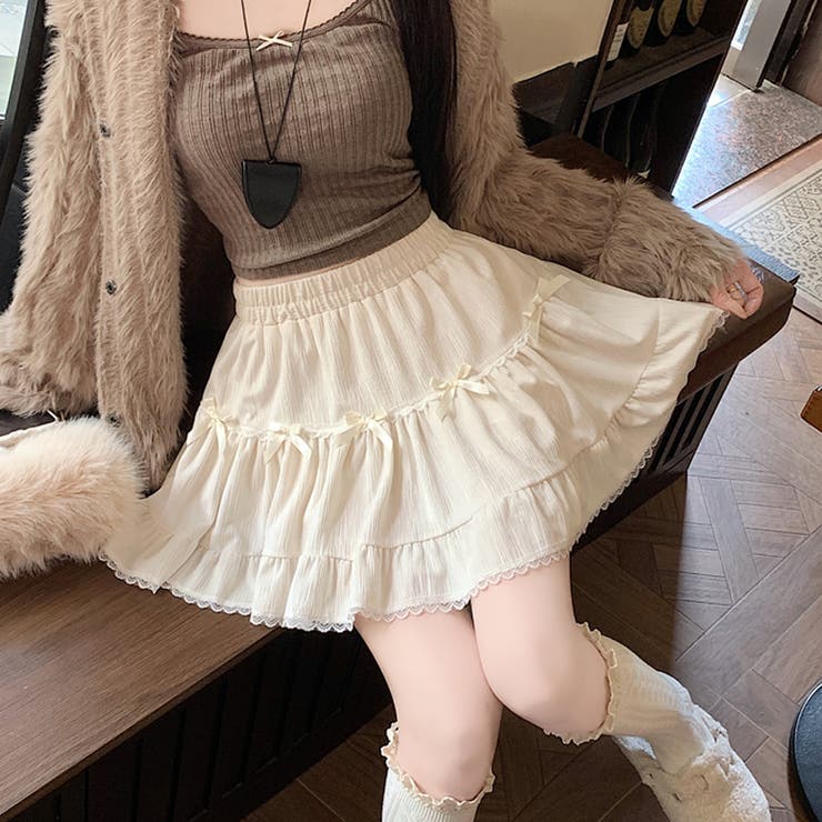 アイボリー | リボン付きミニスカート インナーパンツ付き | Alvia