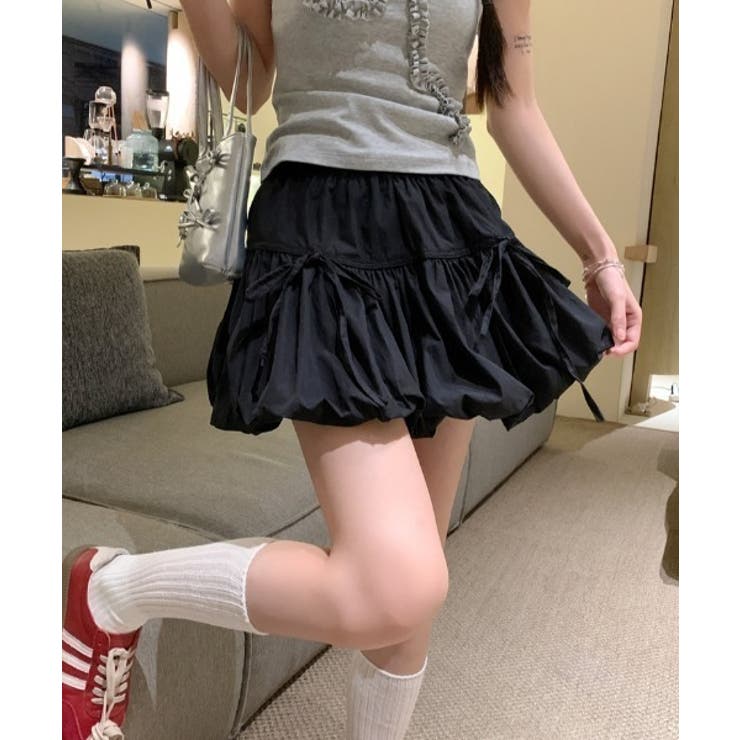 インナーパンツ付きフロントリボンバルーンナイロンフレアミニスカート | Alvia | 詳細画像12 