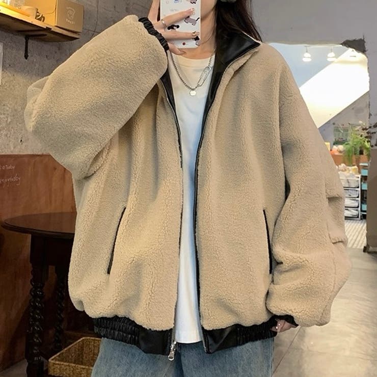 リバーシブルフェイクレザー×ボアアジャケット ブルゾン オーバーサイズ | Alvia | 詳細画像13 