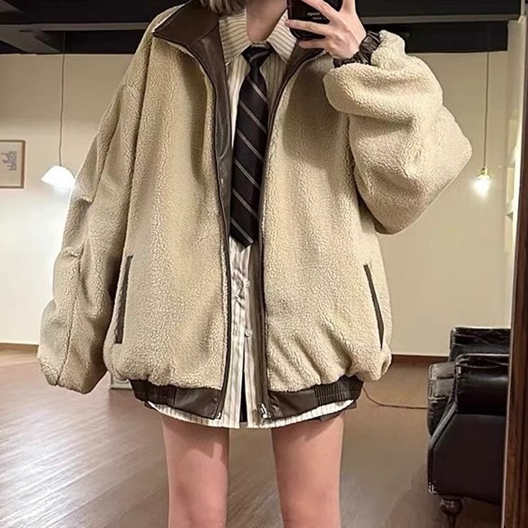 リバーシブルフェイクレザー×ボアアジャケット ブルゾン オーバーサイズ | Alvia | 詳細画像16 