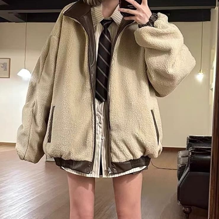 リバーシブルフェイクレザー×ボアアジャケット ブルゾン オーバーサイズ | Alvia | 詳細画像18 