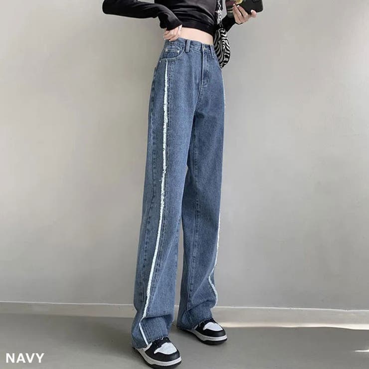 美脚サイドフリンジデザインダメージワイドデニムパンツ ルーズ