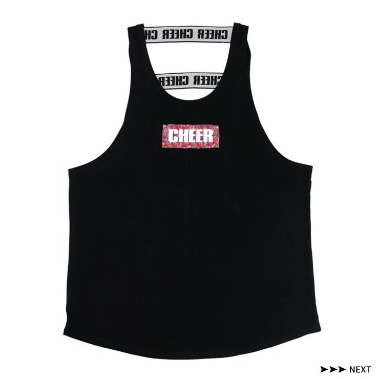 ボックスロゴタンクトップ【CHEER】[チアー]バックデザインロゴアップリケビッグタンク【ズンバピラティスダンス衣装チアノースリーブロングタンク大きめロゴレディースジュニアキッズレッスン着シンプル韓国子供服】