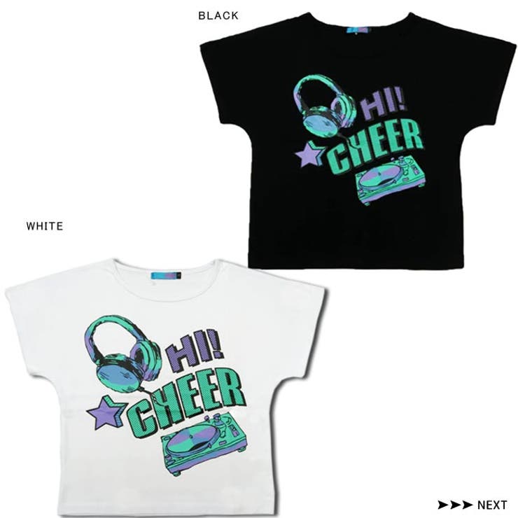 ショートTシャツ【CHEER】[チアー]ミュージックプリントショート丈肩あきトップス【半袖TEEダンス衣装ヒップホップMUSIC音楽チアレッスン着モノトーンレディースキッズジュニア新体操韓国子供服】【ショート丈T】