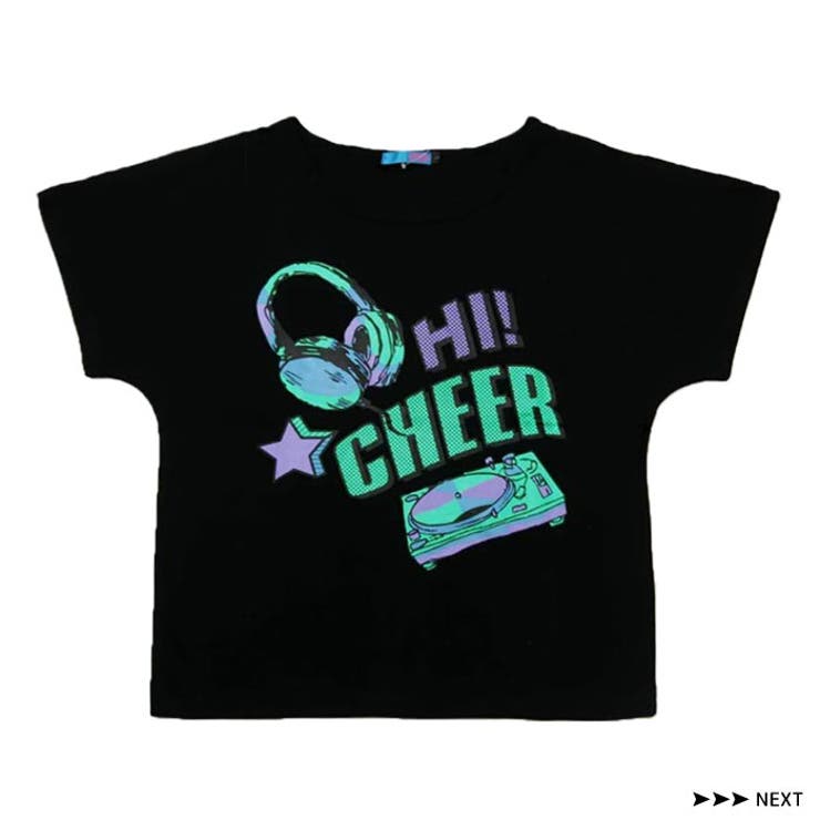 ショートTシャツ【CHEER】[チアー]ミュージックプリントショート丈肩あきトップス【半袖TEEダンス衣装ヒップホップMUSIC音楽チアレッスン着モノトーンレディースキッズジュニア新体操韓国子供服】【ショート丈T】